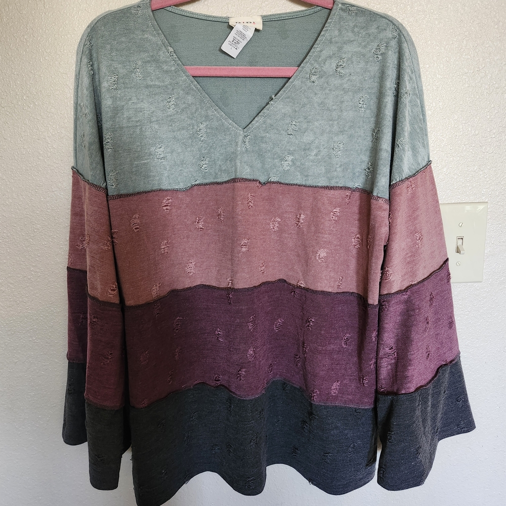 Bibi V-Neck Distressed Pullover  - Sage, Dusty Rose, Plum, Charcoal Tunic